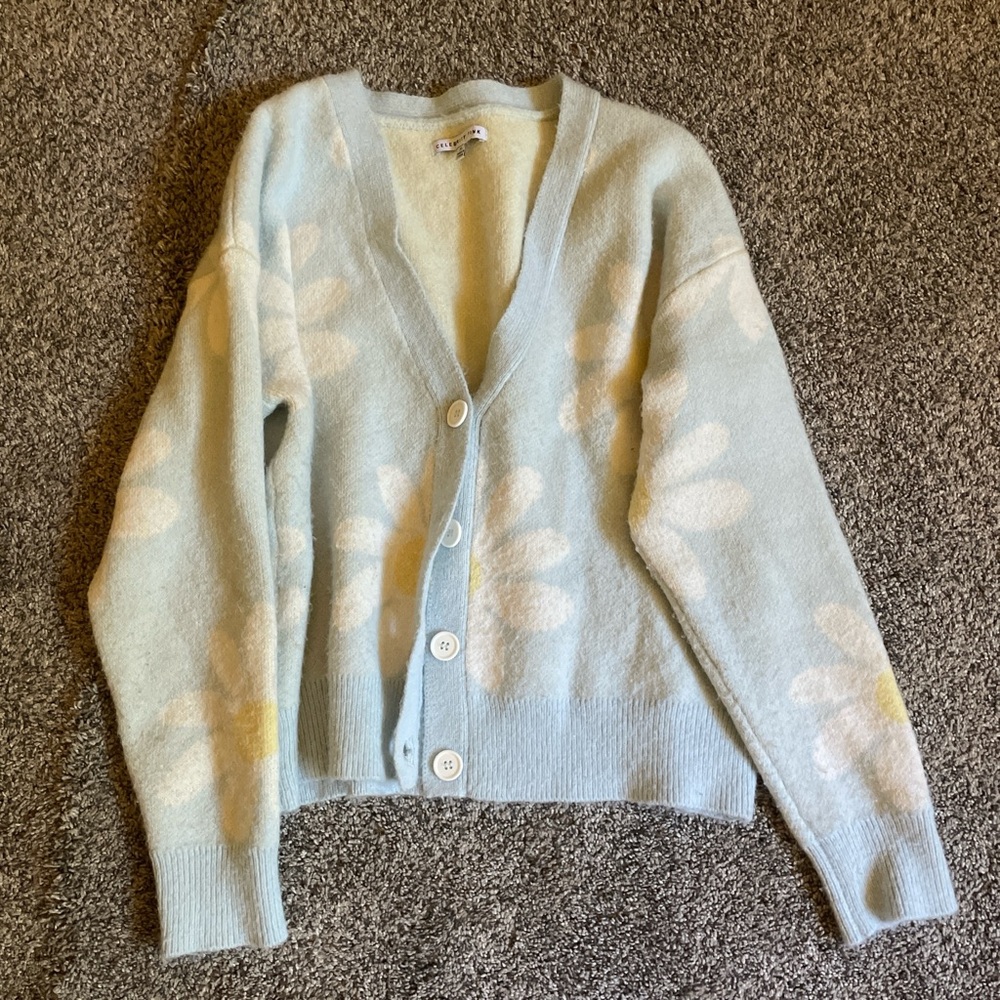 Pink Blue and White Floral Cardigan Sweater